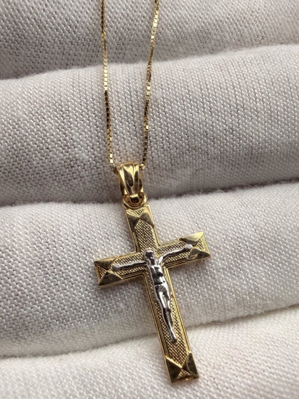 14K Two Tone Gold Crucufix Pendant With 0.8mm Box Chain - 16 inch